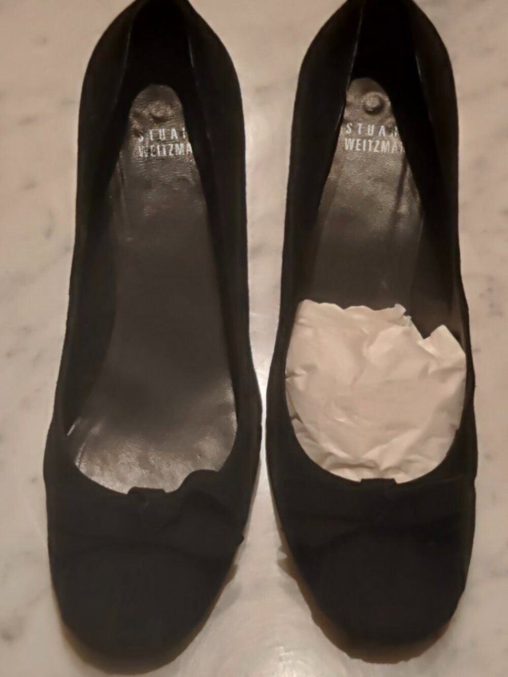 Stuart Weitzman black suede kitten heel bow pumps